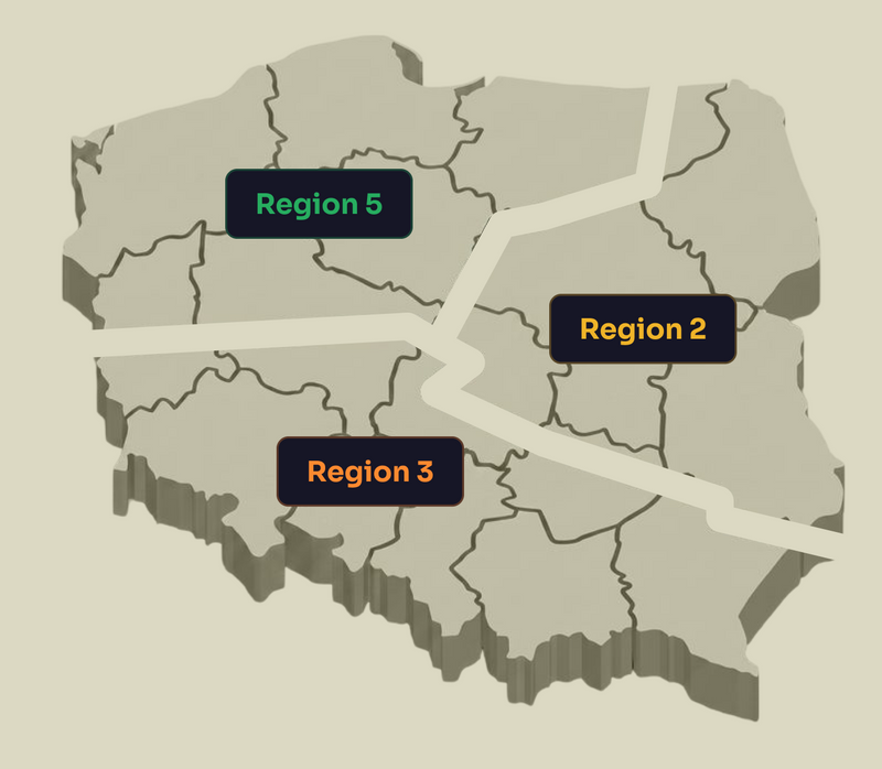 Mapa regionów sprzedaży w Polsce